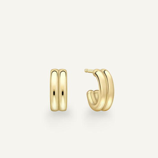 Small Double Wick Hoop Earrings in 18k yellow gold, front and side view